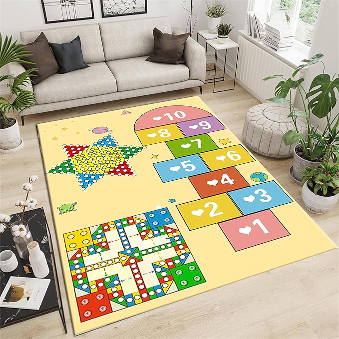 Play Game Area Rugs Jump and Counting Game Crawl Jump Mat with Colorful Hopscotch and Rainbow Designs Yellow Baby Play Collection Anti-Slip Carpet Home Learning Matfor Kids Room Playroom, 5x8ft