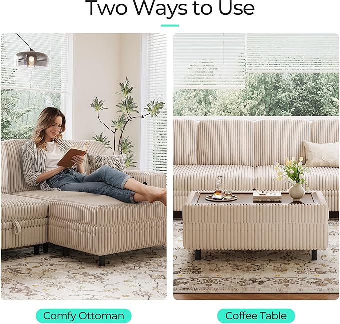 LINSY HOME Sectional Sleeper Sofa Storage Ottoman Bench, Convertible Coffee Table Plush Corduroy Couch Ottoman Footstool for Living Room, Bedroom Entryway and Family Room, Beige