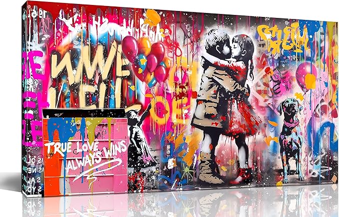 CIRABKY Graffiti Wall Art - Colorful Banksy Wall Art - Boy Kiss Girl Print - 20" x 40"