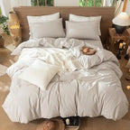 MooMee Gingham Duvet Cover Set 100% Washed Cotton Linen Like Textured Breathable Durable Soft Comfy Modern Checkered Design (Mini Gingham Tannish Linen Grey, Cal King 104"x98")