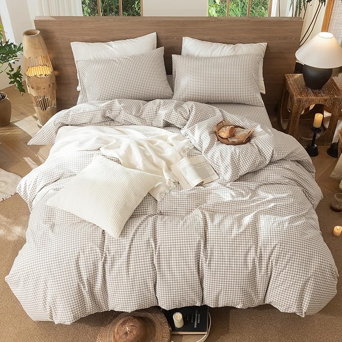 MooMee Gingham Duvet Cover Set 100% Washed Cotton Linen Like Textured Breathable Durable Soft Comfy Modern Checkered Design (Mini Gingham Tannish Linen Grey, Oversized Full 82"x86")