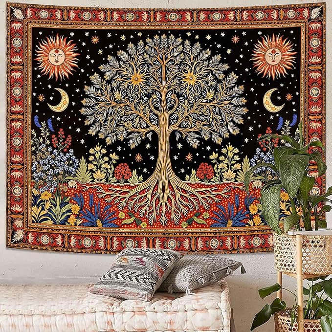 Lunerfex Tree of Life Wall Tapestry - Celestial Sun & Moon Wall Hanging for Bedroom and Living Room Decor - Boho Starry Night Tapestries 80"x60"