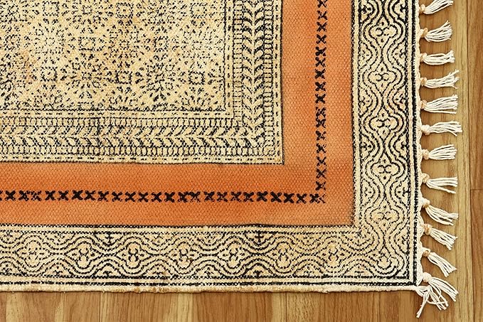 Area Rug 4' Square Rug Bronze & Black Cotton Dhurrie Oriental Thick 0.19 inches Stone Easy Washable Rug Hand Wash Cotton Carpet Flatweave Rug Indoor Outdoor Rugs for Kitchen, Bedside, Enterway