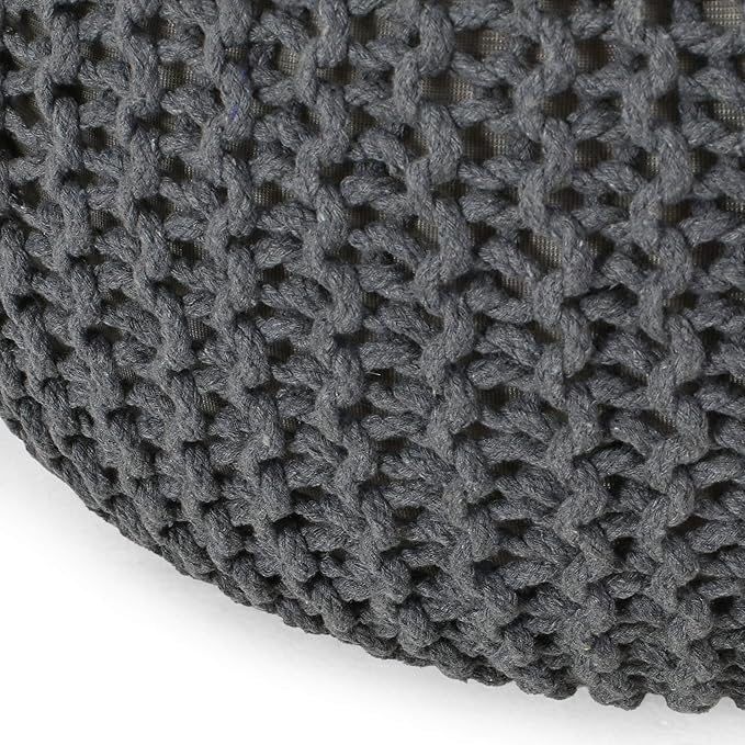 Nahunta Knitted Round Pouf - Cotton - Gray