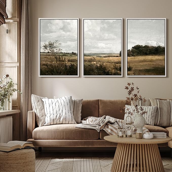 MUDECOR Framed Canvas Print Wall Art Rustic Fields Tranquil Countryside Landscape Nature Wilderness Illustrations Realism Decorative Panoramic Earth for Living Room, Bedroom, Office - 24"x36"x3 White