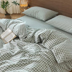 MooMee Gingham Duvet Cover Set 100% Washed Cotton Linen Like Textured Breathable Durable Soft Comfy Modern Checkered Design (Sage Green Gingham, King 104"x90")