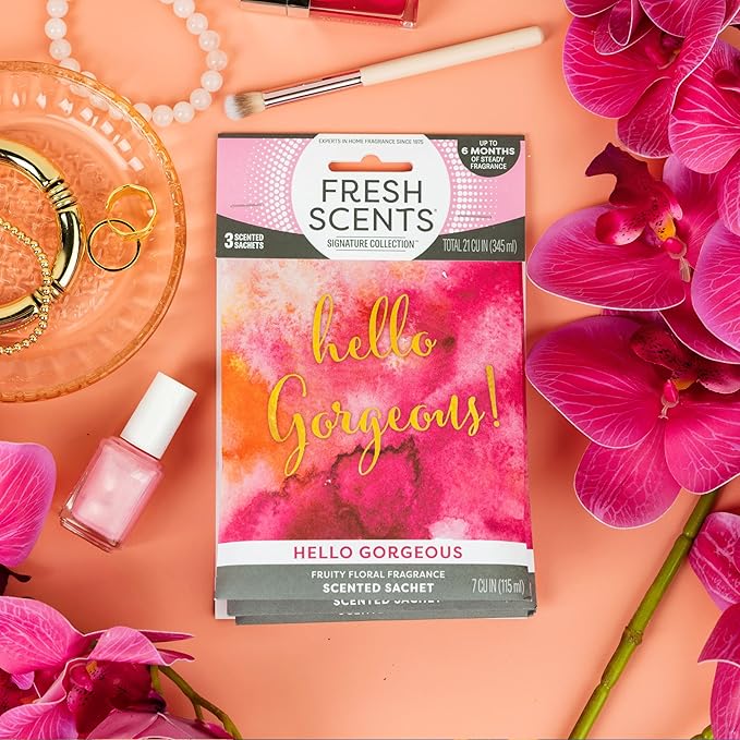 Fresh Scents Scented Sachets | Hello Gorgeous | Home Fragrance | Long Lasting (Up to 6 Months) | Air Freshener for Closets, Drawers, & Cars | 6 Pack