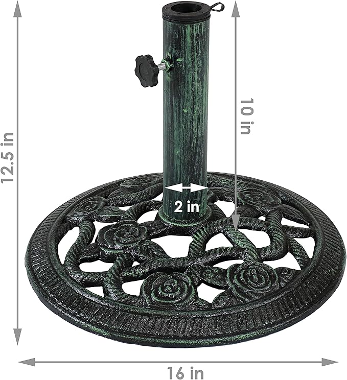 Sunnydaze 17lb Cast Iron Patio Umbrella Base - Heavy-Duty Round Metal Outdoor Market Umbrella Stand for Outside - 16-Inch - Green - Rose Blossom
