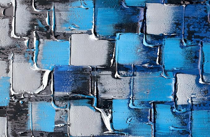 MyArton Textured Abstract Squares Canvas Wall Art Modern Dark Blue and Silver Oil Painting 100% Hand Painted 3D Effect Artwork Frame Ready to hang Decor for home and office 48x24inch