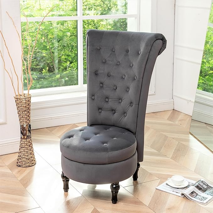 Royal High-Back Velvet Accent Chair for Vanity with Storage and Luxurious Upholstery, Retro Design and Versatile Usage for Livingroom, Bedroom, Lounge and Office, Grey