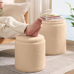 Sam Legend Round Boucle Ottoman with Storage Set of 2,Upholstered Vanity Stool Foot Rest with Removable Lid White Cylinder Stool Sitting Room Ottoman for Living Room Pouf Footstool,Gifts Beige