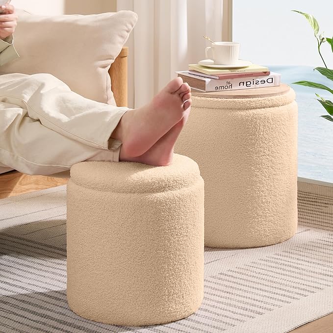 Sam Legend Round Boucle Ottoman with Storage Set of 2,Upholstered Vanity Stool Foot Rest with Removable Lid White Cylinder Stool Sitting Room Ottoman for Living Room Pouf Footstool,Gifts Beige