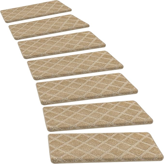 PURE ERA Bullnose Carpet Stair Treads Set Tape Free Non-Slip Indoor Stair Protectors Pet Friendly Rugs 9.5" x 30"(7 Pieces,Khaki Diamond Trellis)