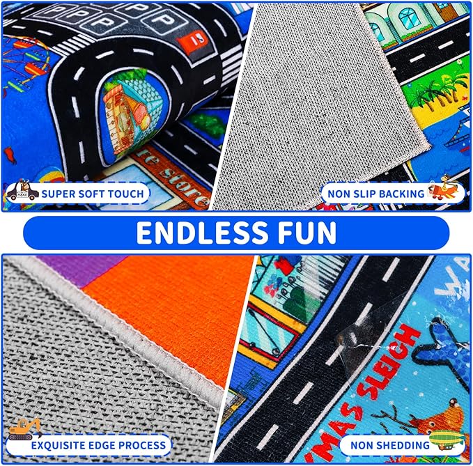 Kids Rugs for Toy Cars Playroom 110"×78.7" ABC Transportation Animals Play Mat Educational Mat Alphabet Area Rug Public Buildings Kids Playtime Collection Toddler Learning Carpet