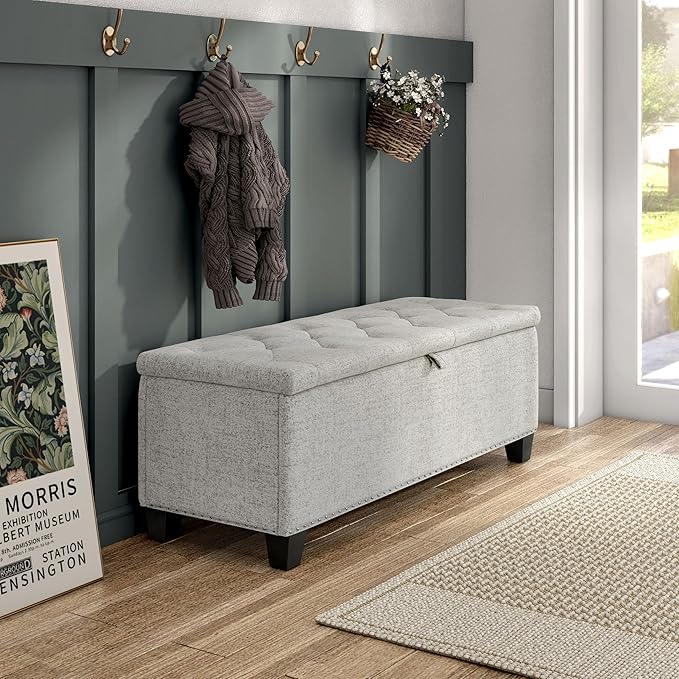 24/7 Shop at Home Sacallant Modern Linen Storage Bench with Button-Tufted Lift-Top, Upholstered Footstool, Rectangular Ottoman for Living Room, Bedroom, Entryway, Off White