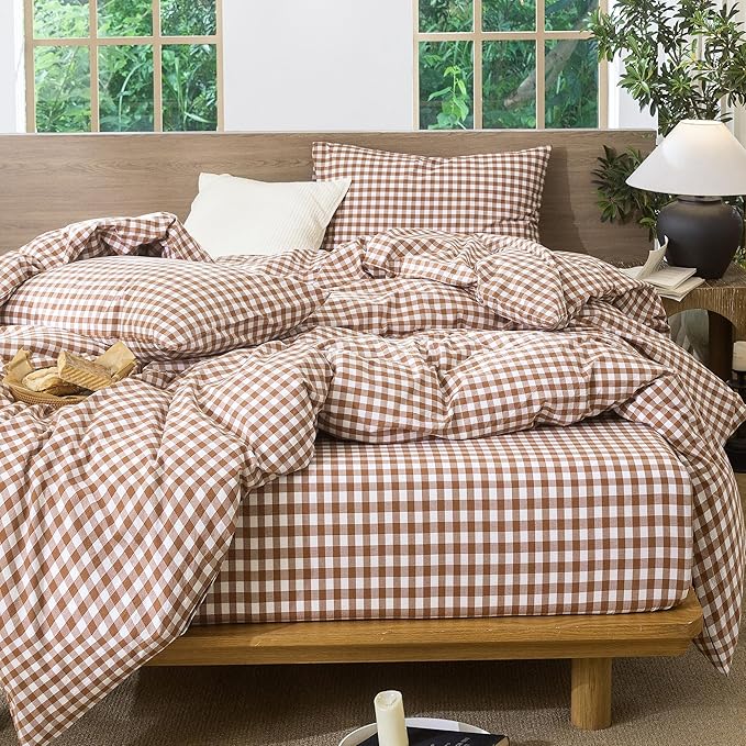 MooMee Gingham Duvet Cover Set 100% Washed Cotton Linen Like Textured Breathable Durable Soft Comfy Modern Checkered Design (Dark Orange Gingham, Super Queen 90"x98")