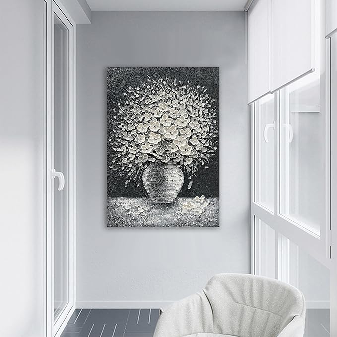 Epicler art Hand-painted abstract white flower art oil painting, 40x28 inch canvas wall art painting office home wall decorative art