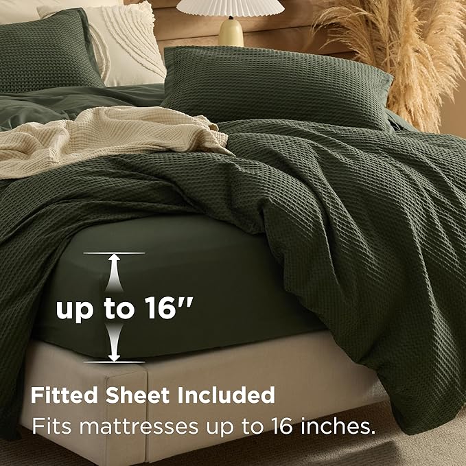 Bedsure 100% Cotton Duvet Cover King Size with Fitted Sheet - 4 Pieces Olive Green Waffle Weave Bedding Set, GentleSoft™ and Breathable, Includes 1 Duvet Cover 104x90, 1 Fitted Sheet, 2 Pillow Shams
