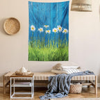 Ambesonne Flower Tapestry Queen Size, Fresh Springtime Grass and Daisy on Fence Summer Simple Vintage Style Print, Wall Hanging Bedspread Bed Cover Wall Decor, 88" X 88", Blue and Green