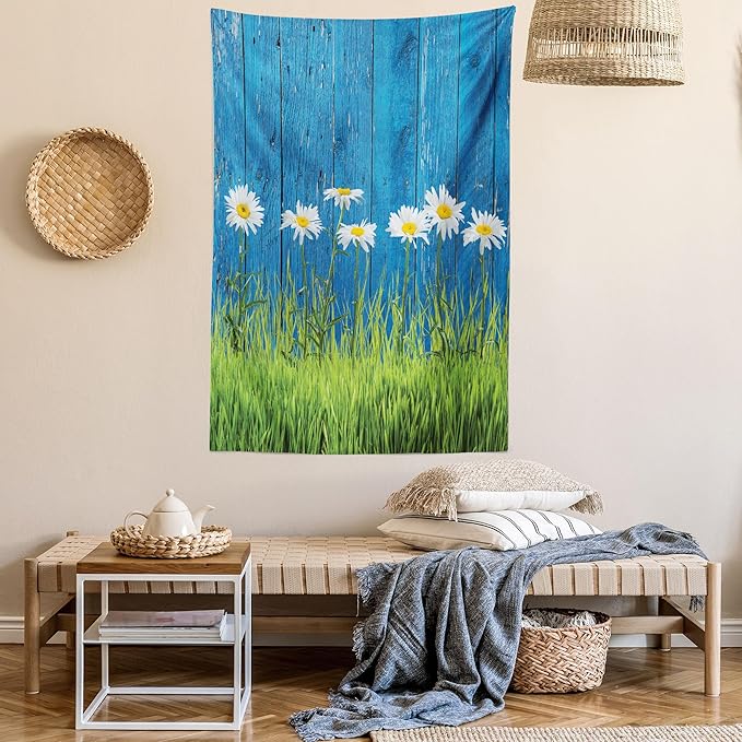 Ambesonne Flower Tapestry Queen Size, Fresh Springtime Grass and Daisy on Fence Summer Simple Vintage Style Print, Wall Hanging Bedspread Bed Cover Wall Decor, 88" X 88", Blue and Green