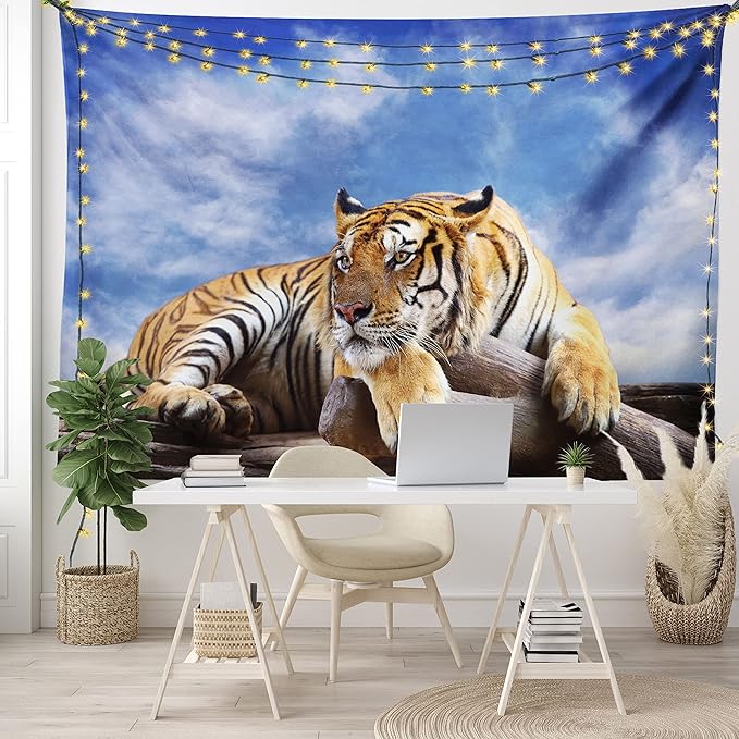 Ambesonne Savannah Tapestry, Tiger Sitting on Wood Clear Blue Sky Wildlife Morning Stripes Predator, Fabric Wall Hanging Decor for Bedroom Living Room Dorm, 28" X 23", Blue Mustard Black