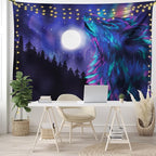 Ambesonne Moon Tapestry King Size, Northern Imagery Aurora Borealis Wolf Forest Starry Night, Wall Hanging Bedspread Bed Cover Wall Decor, 104" X 88", Magenta Indigo