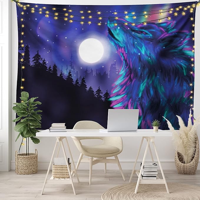 Ambesonne Moon Tapestry King Size, Northern Imagery Aurora Borealis Wolf Forest Starry Night, Wall Hanging Bedspread Bed Cover Wall Decor, 104" X 88", Magenta Indigo