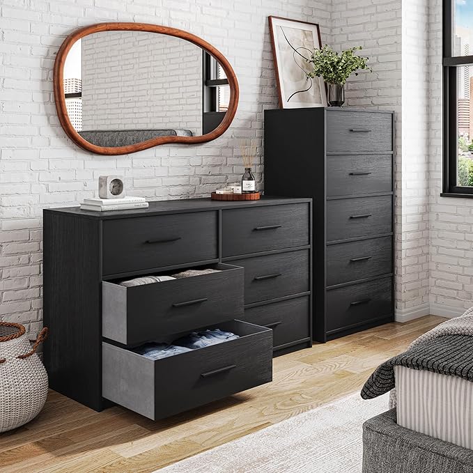 5-Drawer Dresser with Extra Large Fabric Drawers, Wood Frame Dresser with 5 Drawers for Bedroom or Living Room Storage, Hallway, Fabric Bins for Closet or Hallway Storage Organizer, Toy Chest, Black