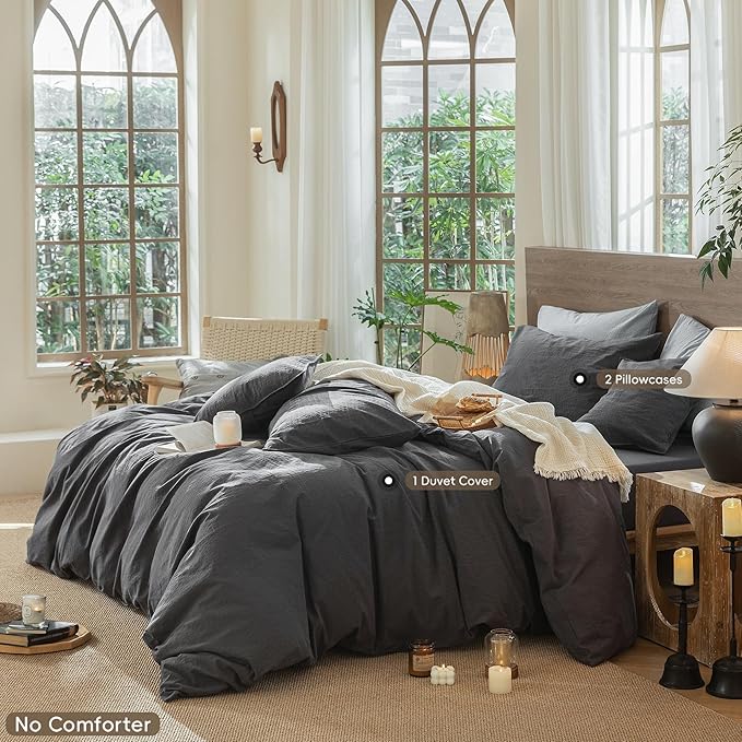 MooMee Wavy Striped Duvet Cover Set 100% Washed Cotton Linen Like Textured Breathable Durable Soft Comfy (Charocal Grey, Cal King 104"x98")