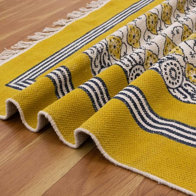 Flatweave Runner 2.6x8 Kilim Runner Floral Design Hand Block Printed Cotton Rug Yellow Beige Handmade Boho Dhurrie Thick 0.19" Indoor Outdoor Rugs for Hallway Enterway Kitchen | Holiday Season Decor