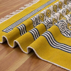 Flatweave Runner 2.6x8 Kilim Runner Floral Design Hand Block Printed Cotton Rug Yellow Beige Handmade Boho Dhurrie Thick 0.19" Indoor Outdoor Rugs for Hallway Enterway Kitchen | Holiday Season Decor