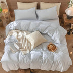 MooMee Striped Duvet Cover Set 100% Washed Cotton Linen Like Textured Breathable Durable Soft Comfy (Cornflower Blue White Pinstripes, Palatial King/Oversized King 120"x98")