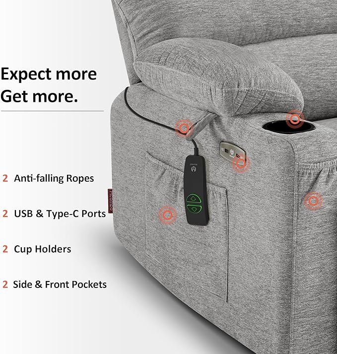 MCombo Large Power Lift Recliner Chair for Elderly, Lift Chair with Heat and Massage, 3 Positions, USB Charge Ports, Cup Holders, Fabric 7099 (Large, Grey)