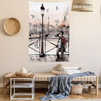 Ambesonne Music Tapestry, Accordionist Playing Paris Street Urban European Famous City Panorama Graphic Scene, Fabric Wall Hanging Decor for Bedroom Living Room Dorm, 30" X 45", Peach Brown