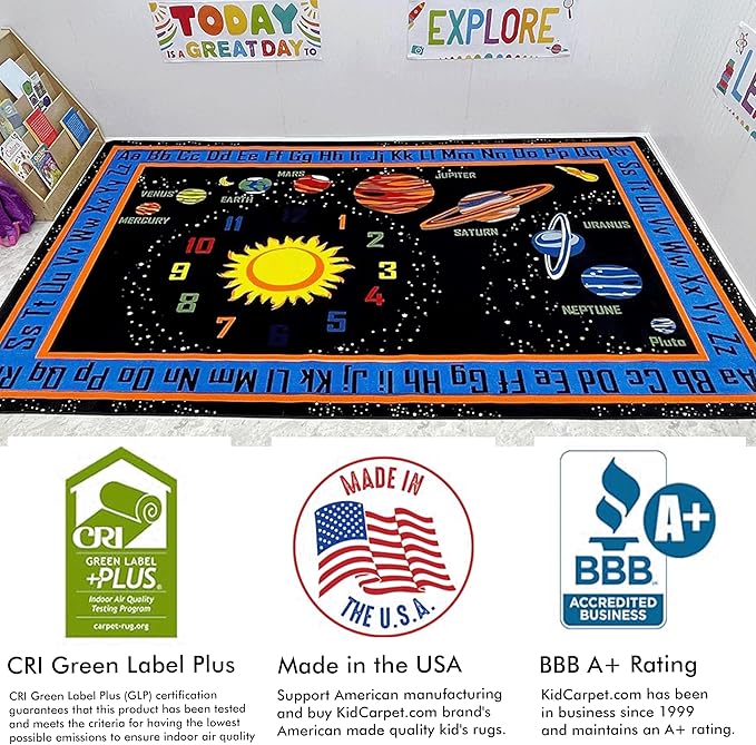 KIDCARPET.COM Outer Space Rectangle Classroom Rug | Bordered Area Rug for Preschool Daycare Learning, 7'6" x 12'