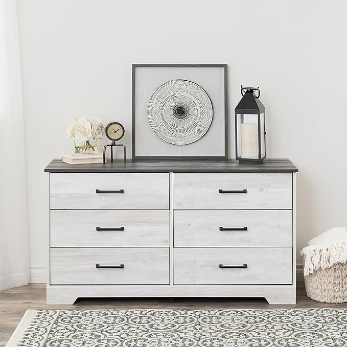 Prepac Rustic Ridge Farmhouse 6-Drawer Double Dresser, Washed White Dresser for Bedroom, Chest of Drawers with 6 Storage Drawers, 53.25” wide x 18.25” deep x 28.5” tall, Washed White