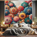 Ambesonne Flower Tapestry King Size, Contemporary Wild Floral with Delicate Oriental Feel Petals Boho Hippie, Wall Hanging Bedspread Bed Cover Wall Decor, 104" X 88", Vermilion Teal Sea Blue