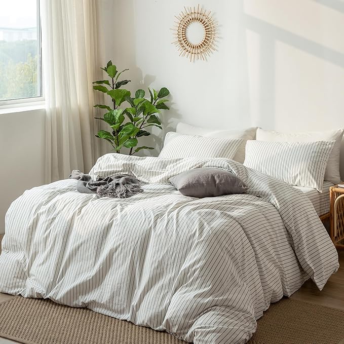 MooMee Striped Duvet Cover Set 100% Washed Cotton Linen Like Textured Breathable Durable Soft Comfy (White Dark Grey Wide Stripes, Palatial King/Oversized King 120"x98")