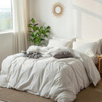 MooMee Striped Duvet Cover Set 100% Washed Cotton Linen Like Textured Breathable Durable Soft Comfy (White Dark Grey Wide Stripes, Full 80"x90")