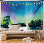 Ambesonne Aurora Borealis Tapestry, Sky over Lake Surrounded Forest Woods Hemisphere Print, Fabric Wall Hanging Decor for Bedroom Living Room Dorm, 28" X 23", Violet Blue Lime Green