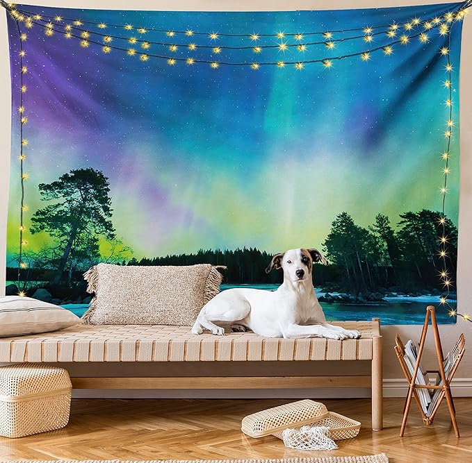 Ambesonne Aurora Borealis Tapestry, Sky over Lake Surrounded Forest Woods Hemisphere Print, Fabric Wall Hanging Decor for Bedroom Living Room Dorm, 45" X 30", Violet Blue Lime Green