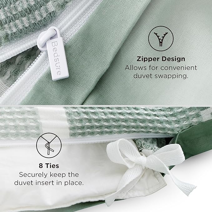 Bedsure Waffle Weave Duvet Cover Queen - 100% Cotton Boho Duvet Cover with 2 Pillowcases - Green Textured Comforter Cover with Zipper Closure (Queen, 90"x90")