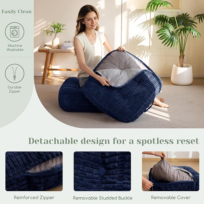 8" Washable Floor Pillow Cushion for Adults, Meditation Cushion Pillow, Removable Tufted Blended Corduroy Cover, Large Square Floor Sitting for Tatami Living Room or Yoga, 22x22 Inch, Machine Washable