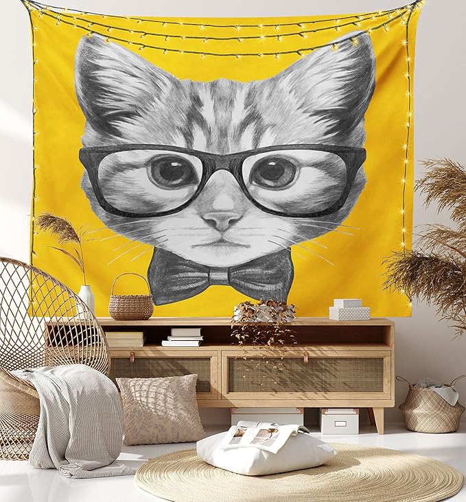 Ambesonne Animal Tapestry, Sketchy Hand Drawn Design Hipster Cat Kitten Glasses Image Print, Wide Wall Hanging for Bedroom Living Room Dorm, 60" X 40", Grey Mustard