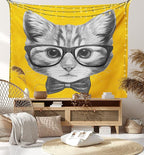 Ambesonne Animal Tapestry, Sketchy Hand Drawn Design Hipster Cat Kitten Glasses Image Print, Fabric Wall Hanging Decor for Bedroom Living Room Dorm, 28" X 23", Grey Mustard