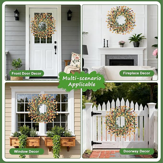 Wreaths for Front Door, 24 Inch Spring/Summer Front Door Wreath, Colorful Paper Flower Wreath for All Seasons for Indoor Home Wall Window Office Wedding Farmhouse Decor (Orange)