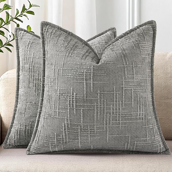 decorUhome Chenille Throw Pillow Covers 16x16 Set of 2, Thick Textured Slubby Neutral Decorative Pillow Covers with Elegant Design for Couch, Sofa, Living Room, Neutral Grey
