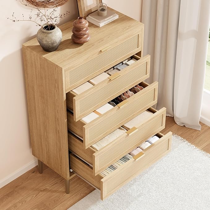 GarveeHome Rattan 5 Drawer Dresser, Modern Chest of Drawers with Gold Legs and Gold Handles, Tall Dresser with Large Tabletop and Anti-Tipping Design for Bedroom Living Room, Natural