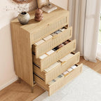 GarveeHome Rattan 5 Drawer Dresser, Modern Chest of Drawers with Gold Legs and Gold Handles, Tall Dresser with Large Tabletop and Anti-Tipping Design for Bedroom Living Room, Natural