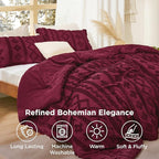 Bedsure Tufted Boho Comforter Set Queen Size - Burgundy Boho Bed Set, GentleSoft™ 3 Pieces Farmhouse Shabby Chic Embroidery Bedding, Gifts for Woman, Soft Jacquard Queen Comforter for All Seasons